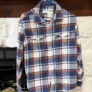 American Eagle Men's Super Soft Plaid Flannel Shirt in Blue/Orange/White Size M